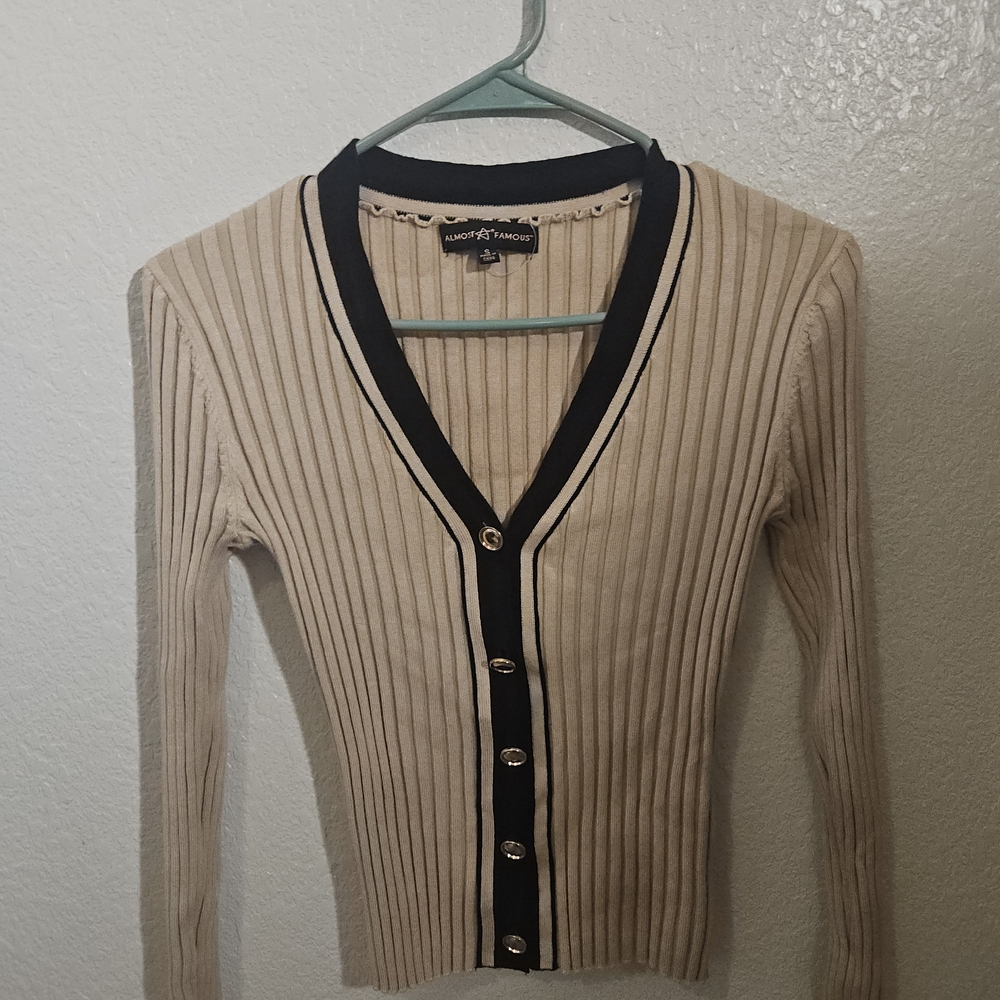 Almost Famous Beige Cardigan with Black Accents